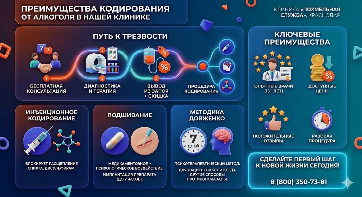 Инфографика о методах кодирования от алкоголя в Мариуполе: инъекции, подшивание, метод Довженко. Преимущества клиники и этапы лечения.